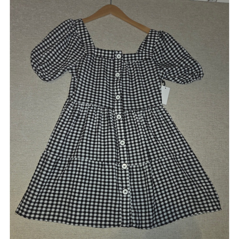 Black Tape Gingham Babydoll Mini Dress NWT XS Puff Sleeve Button Front - Picture 2 of 7